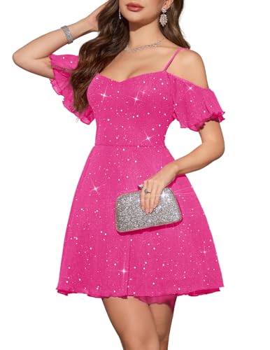 Meetjen Womens Sequin Tulle Short Cocktail Dresses Teens, Hot Pink, L | Sparkly Homecoming Dresses Juniors, Knee Length, Formal Party, School Dance, Elegant Summer Prom Dress