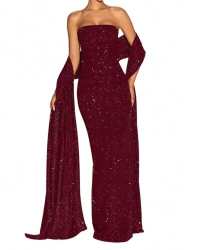 GRMLRPT Women's Strapless Formal Maxi Wedding Guest Dresses with Scarf