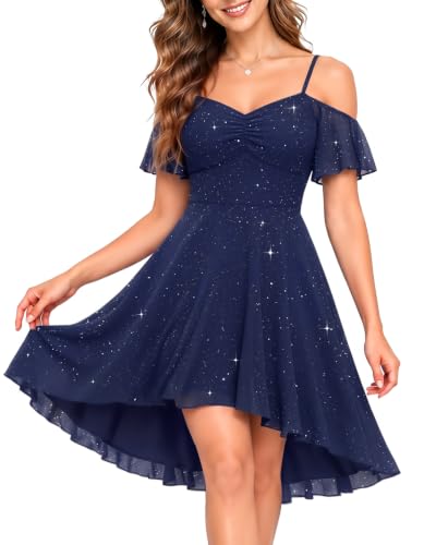 Pinup Fashion Sparkly Navy Homecoming Short Formal Prom Teen Flowy Dress | Soft stretch glitter fabric, cold shoulder, adjustable straps, A-line high low hem, fully lined, cocktail party dress