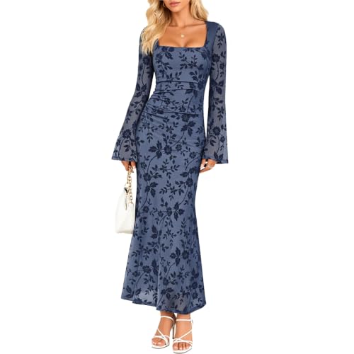 Pagfxmn Women's Floral Bodycon Maxi Dress Medium Dusty Blue Square Neck Bell Long Sleeve Mesh Elegant Ruched Formal Wedding Guest Cocktail Party Holiday Fall Winter Dresses