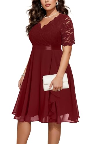 Talisea Plus Size Burgundy Wedding Guest Lace Chiffon Tea Length Dress