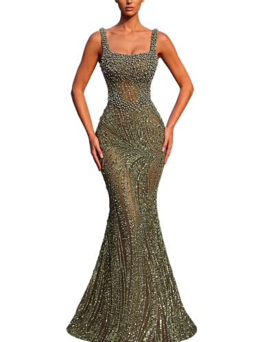 VOUIAO Women Beaded Mermaid Prom Dress Sequin Formal Evening Gown Olive M