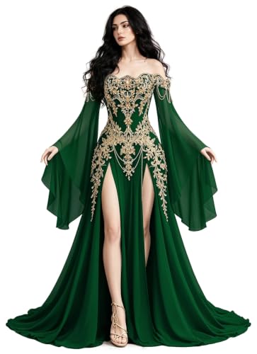 Mauuwy Green&Gold Beaded Gothic Wedding Dress with Slit Size 16Plus