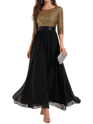 Ever-Pretty Women's Fall Winter Formal Dresses Maxi Sequin Evening Gowns | Chiffon, A-Line, 3/4 Sleeves, Formal Gowns, Mother of the Bride Dresses, Black Gold, US12