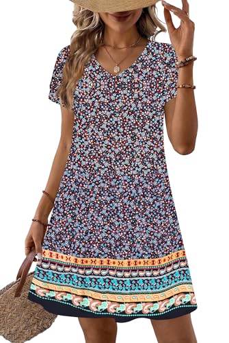 Zeagoo Floral Dresses for Women Navy Blue Printed Ethnic Style Summer Church Casual Short Sleeve Plus Size T Shirt Flowy Cotton Sundress with Pockets Blue Print M