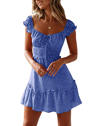 YOBECHO Women Summer Sundress Cap Sleeve Sweetheart Neck Print Mini Dress | Sundresses, Smocked Waist, Boho Floral, Flowy Ruffle Hem, Beach, Country Concert, Date Night