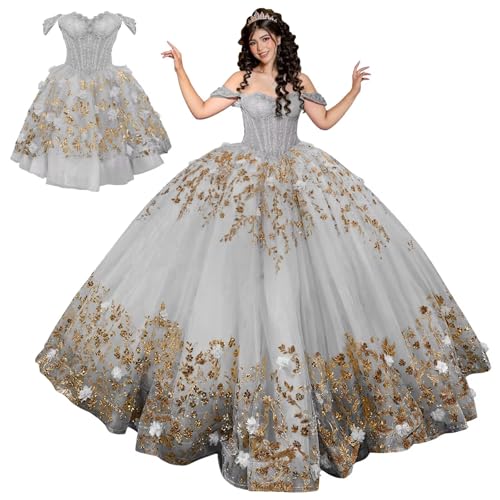 Mauuwy 2 in 1 Quinceanera Dresses Silver Ball Gowns 16Plus Size