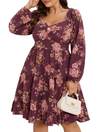 SCOMCHIC Women's Plus Size Cocktail Mini Short Dress Red Floral