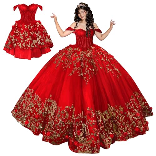 Mauuwy 2 in 1 Red Quinceanera Dresses with Detachable Train