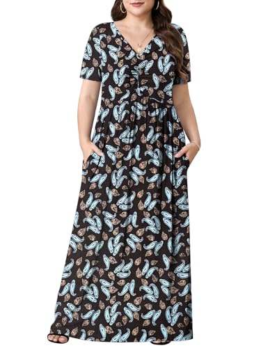 PEVRL Plus Size Maxi Dress for Curvy Women with Pockets, Black Cashew, 4X | Short Sleeve, Twisted Front V-Neck, Summer Casual A Line Flowy Dress, Empire Waist Floral Print Beach Vacation Long Dress