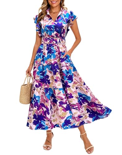 Kranda Summer Dresses for Women 2026 Short Ruffle Cap Sleeve Fall Spring Self-tie V Neck Empire Waist Casual A Line Swing Tiered Flowy Floral Boho Maxi Dress with Pockets Purple Blue Rose Medium