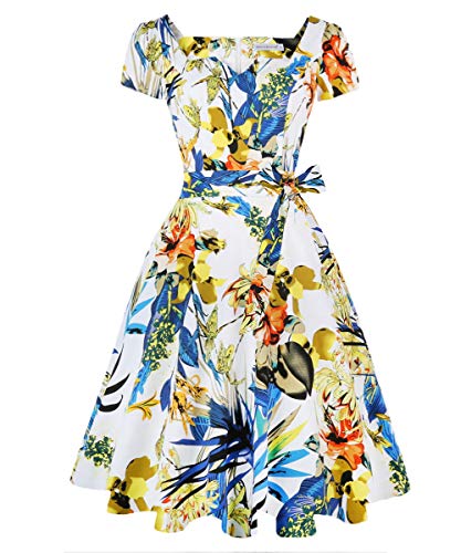Girstunm 1950s Classic Cocktail Party Swing Dress Blue Yellow Flower M | A-Line Retro Dress, Short sleeve Dress with Pockets, Vintage Dress, For Wedding Guest, Birthday/Tea Party, Formal Occasion