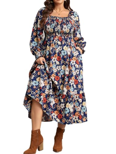 Plus Size Wedding Guest Dress Womens Floral Fall Long Sleeve Dresses L | 2026 Spring Casual Smocked Square Neck Empire Waist Boho Beach Vacation Weddings Party Baby Shower Maternity Dress for Guest