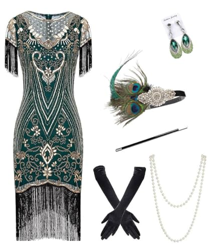 867A - Plus Size 1920s Vintage Fringed Gatsby Sequin Beaded Tassels Hem Flapper Party Prom Cocktail Dress with Accessories (Green Gold with Accs, 5X)
