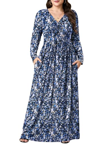 PEVRL Womens Plus Size Maxi Dresses Long Sleeve with Pockets Blue Rose 5X | Twisted Front V-Neck, Floral Print, Soft Stretch Fabric, Long Casual ALine Flowy Curvy Dress for Work Vacation Wedding Guest