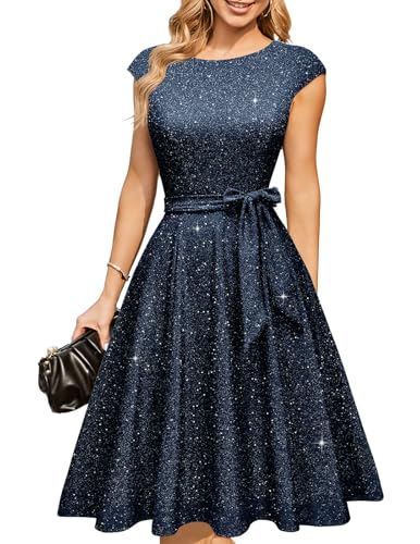 DRESSTELLS Women Sequin Formal Party Cocktail Dresses for Wedding Guest, Sparkly Fancy Aline Prom Tea Length Fit Flare Evening Gown Glitter Navy Blue L