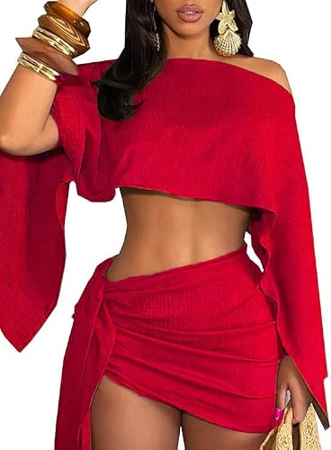 JYAOVO Women's 2 Piece Outfits Batwing Off Shoulder Irregular Crop Top and Mini Skirt Set Sexy Matching Sets Red Size S