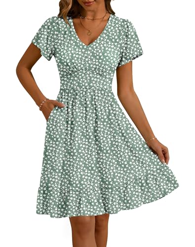 Kranda Summer Dresses for Women 2026 V-Neck Short Flutter Sleeve Empire Waist A-Line Ruffle Tiered Floral Midi Dress Casual Beach Vacation Sundress with Pockets Green White S