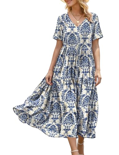 YESNO Women's Summer Maxi Dresses Casual Floral Short Sleeve V Neck Boho Beach Vacation Swing Dress with Pockets 5XL EVF CR425B