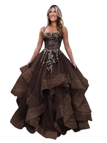Sparkly Tulle Ball Gown Prom Dress for Women Teens Lace Formal Evening Gowns Brown US0