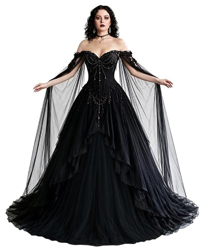 TRHTX Dark Romantic Wedding Dress with Cape Gothic Prom Dress Size 8 Black