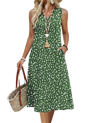 Zeagoo Sundresses for Women Summer Tank Dress Sleveless V Neck Casual Midi Beach Travel Dress Green Flower L