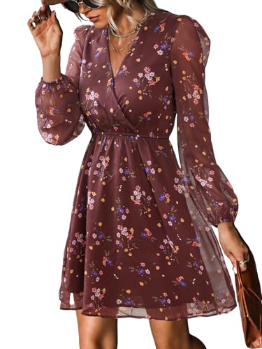 CUPSHE Womens Floral Mini Dress Long Sleeve Flowy Dresses Burgundy, L