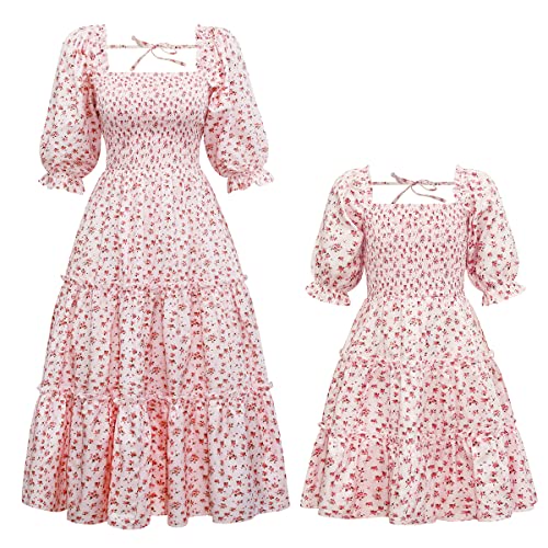 Mommy and Me Matching Dresses Floral Printed Ruffled Short Lantern Sleeves A-Line Long Dress Hidden Back Zipper Closure Summer Mom Daughter Matching Outfits Pink Floral 11-12 Years