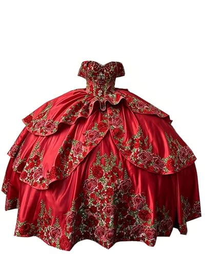 Red Floral Flower Pattern Ball Gown Off the Shoulder Layers Asymmetrical Puffy Skirt Quinceanera Prom Formal Cocktail Dresses with Sleeves HOCO Hollywood Plus Size Petite Crystal 12