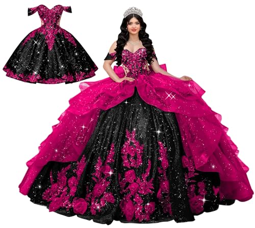 Mauuwy Bright Pink and Black 3D Flower Quinceañera Gowns 18Plus Size