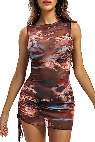ABMOIU Sexy Mini Print Mesh Dress for Women, See Through Sleeveless Stretchy Bodycon Short Summer Dresses Brown Small