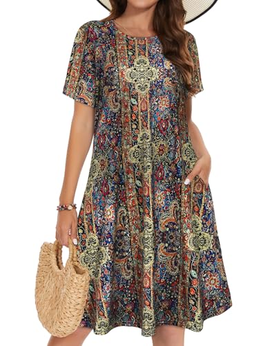elescat Summer Dresses for Women Casual Tshirt Sundress, Blue Boho Print, L