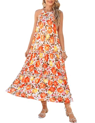 GRACE KARIN 2026 Women's Floral Halter Maxi Dress Boho Summer Beach Sundress with Tiered Ruffle Skirt Orange Medium Large Flowers M
