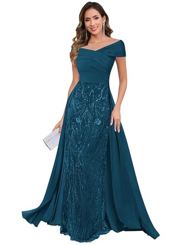 Agvwry Floor Length Petite Mother of The Bride Dresses Off The Shoulder Chiffon Peacock Mother of The Groom Dress US2