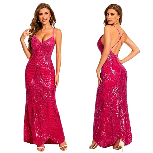 BOLUTAR Women's V Neck Sequin Prom Dress Backless Maxi Gowns XL Rose