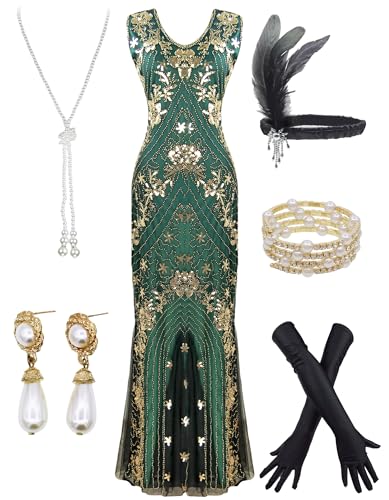 Women Evening Floral Dress 1920s Sequin Flapper Cocktail Mermaid Formal Gown with 20s Gatsby Accessories Set (Gold Green, Large)