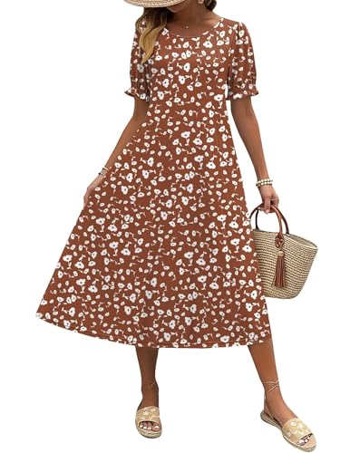 Zeagoo Womens Floral Midi Dress Casual Summer Dresses with Sleeves Womens Empire Waist Style Dress Comfy Sundress,M