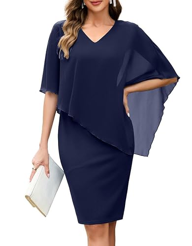 oten Cocktail Dresses for Women Chiffon V Neck Short Dress,Navy Blue, L