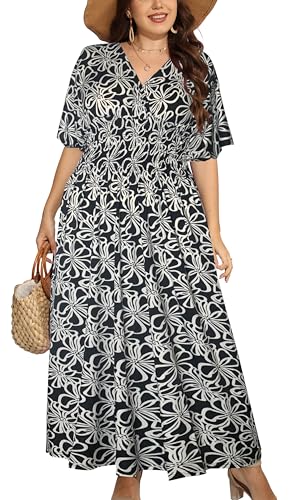 OSTOO Women's Plus Size Hawaii Empire Waist Bat Short Sleeve Casual Floral Print Boho Maxi Dress(Floral White Black,4XL)