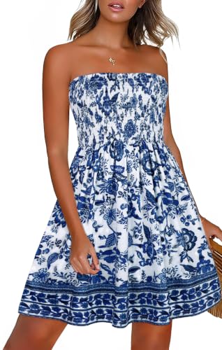 CHICGAL Womens Summer Dresses Strapless Sundresses Boho Floral Print Tube Dress Beach Cover Ups(Blue White Flowers,2XL)