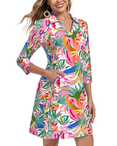 Soneven Women's 3/4 Sleeve Dress with Pockets UPF 50+ Sun Dress Breathable Quick Dry Beach Cover Ups
