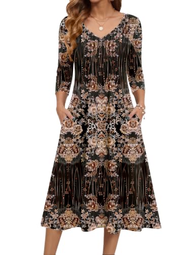 Zeagoo Floral Midi Dress Pockets Empire Waist Plus Size Casual Dress