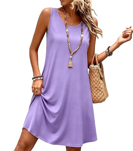 Womens Summer Dresses Casual Sleeveless Tshirt Sundress Beach Cover Up with Pockets Loose Tank Dress(Purple, M)