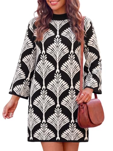 Wenrine Womens Sweater Dress Mock Neck Bell Sleeve Floral Knit Mini Dresses | Boho Floral Pattern, 3/4 Sleeve, Long Sleeve, Loose Fit, A Line, Holiday Casual, Fall Winter, Shift Short Dress