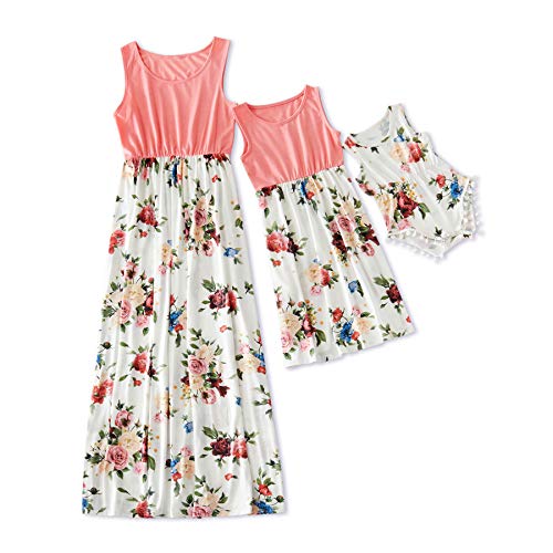 IFFEI Mommy and Me Dresses Matching Outfits Floral Printed Sleeveless Tank Maxi Dress for Mother and Daughter Pink-White Women S