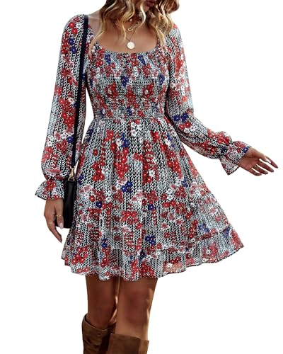 BTFBM Women's Mini Smocked Wedding Guest Dress,Print Flower Red,XL