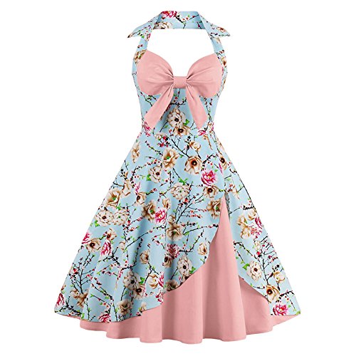 Women's Vintage Polka Dots 1950s Rockabilly Halter Audrey Hepburn Dress Retro 50's 60's Wedding Bridesmaid Party Floral Print V Neck Short Prom Evening Gown Cocktail Tea Swing Dress Pale Pink XL