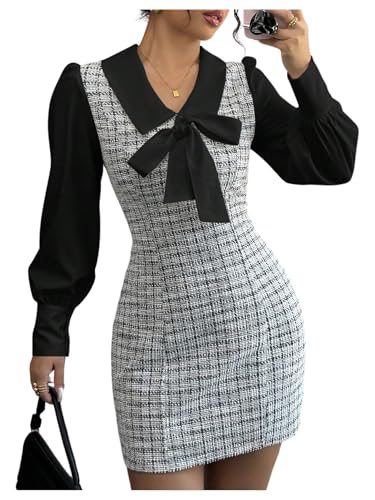 Floerns Women's Elegant Plaid Tweed Dress Bow Front Lantern Long Sleeve 2 in 1 Mini Houndstooth Dresses Black Large