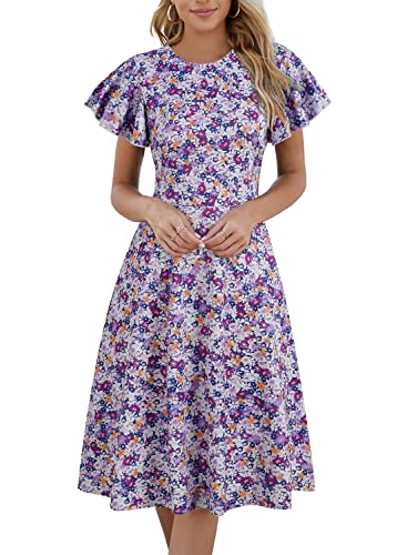 HELYO Fit and Flare Dresses for Women Petite Semi-Formal Pockets Ruffle Sleeves V-Back Casual Work Party Flower Print Cocktail Dress 842 Purple Floral XL