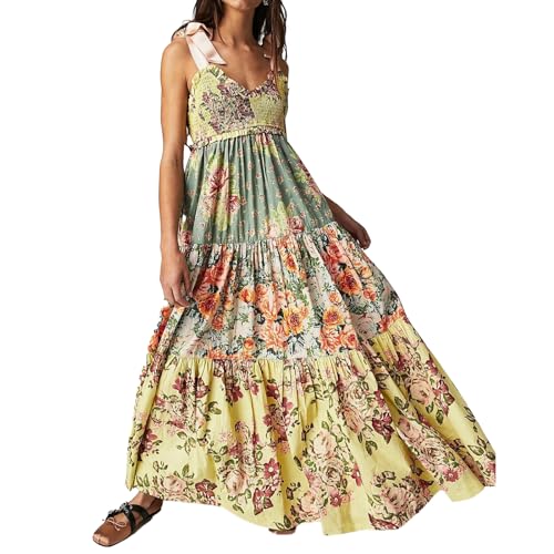 ABYOVRT Women Floral Maxi Dress Tie Shoulder Patchwork Smocked Flowy Boho Dress with Pockets Summer Vacation Sundress(Yellow,M)